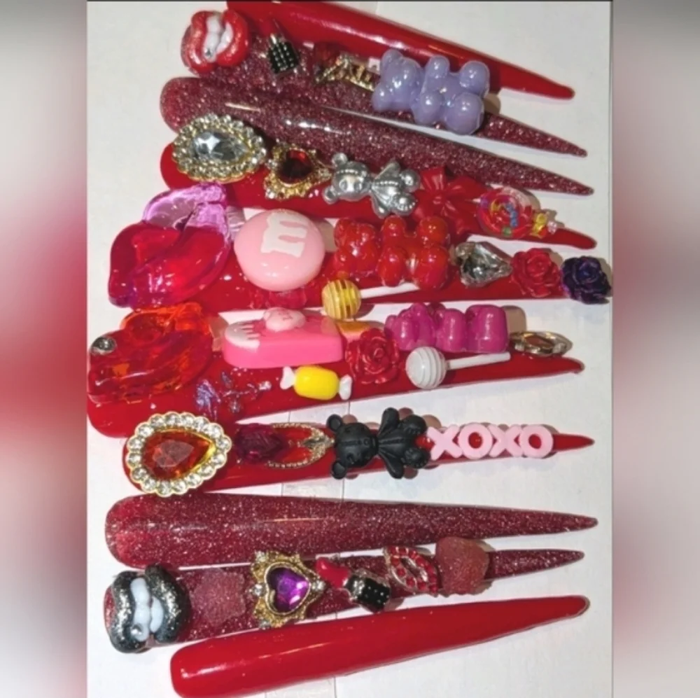 Red and Pink Decorative 4xl Acrylic Press On Nail Set Sz Medium